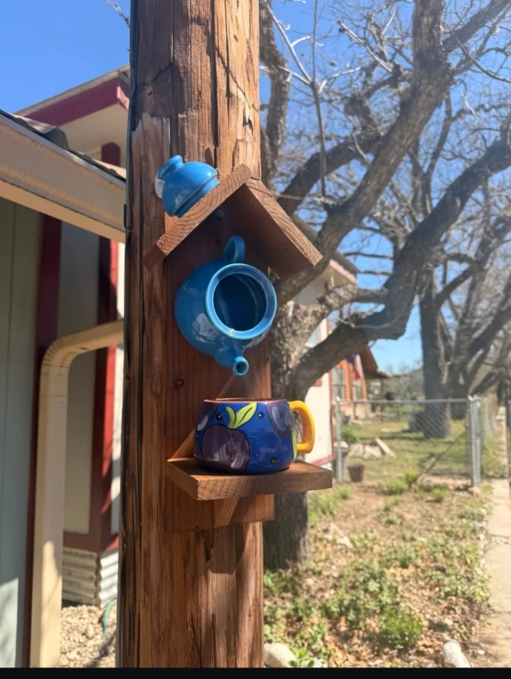 Rustic Wooden Handmade Teapot Bird Feeder Fruit And Flowers